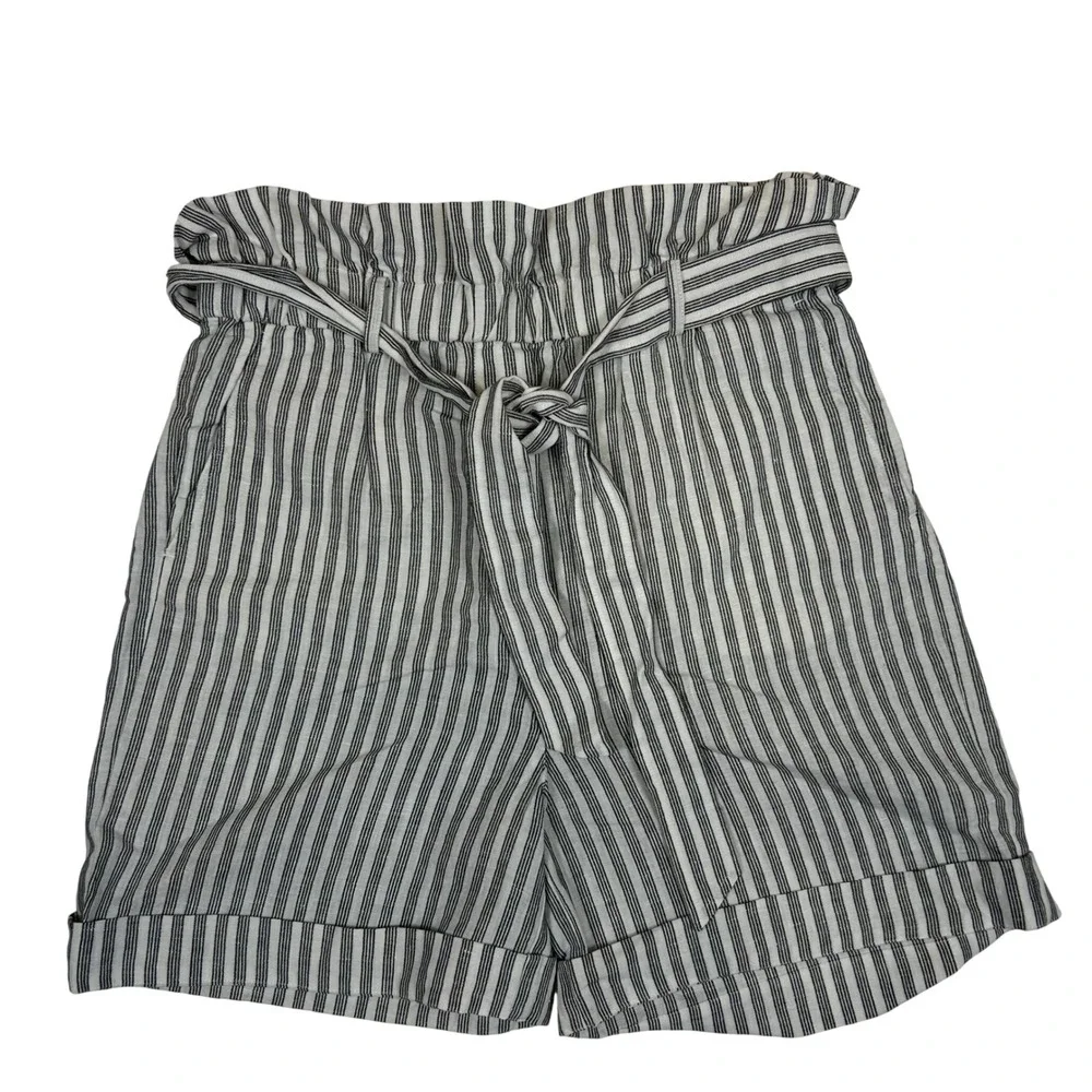 FRAME Denim Womens Black White Striped Paperbag Waist Tie Shorts High Rise
